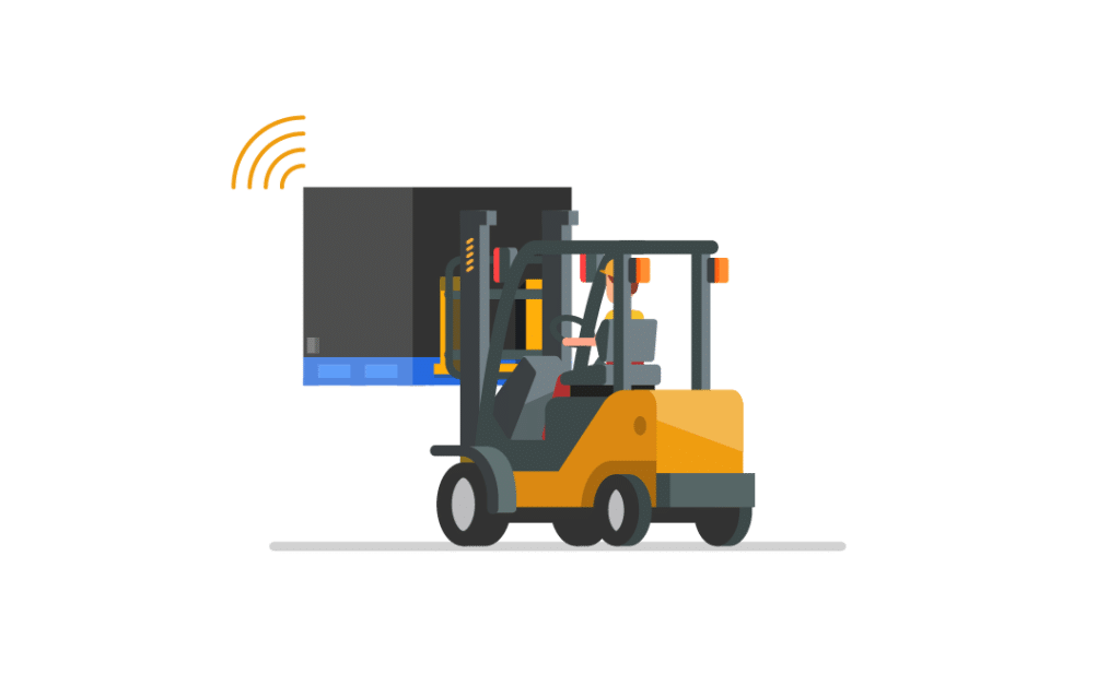 illustration d'un chariot élévateur en train de déplacer qui contenants réutilisable connecté avec l'IoT