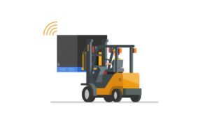 illustration d'un chariot élévateur en train de déplacer qui contenants réutilisable connecté avec l'IoT